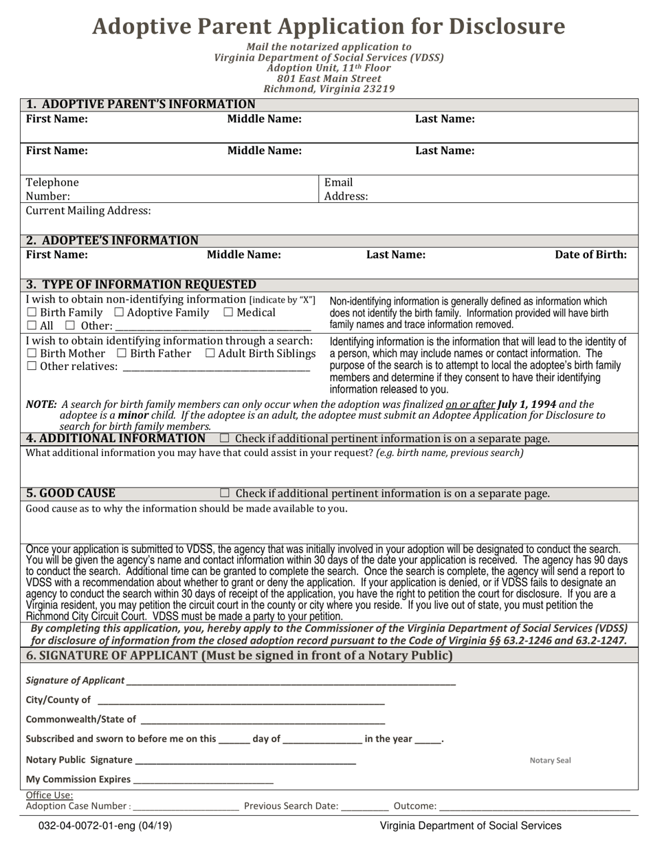 Form 032-04-0072-01-ENG Adoptive Parent Application for Disclosure - Virginia, Page 1