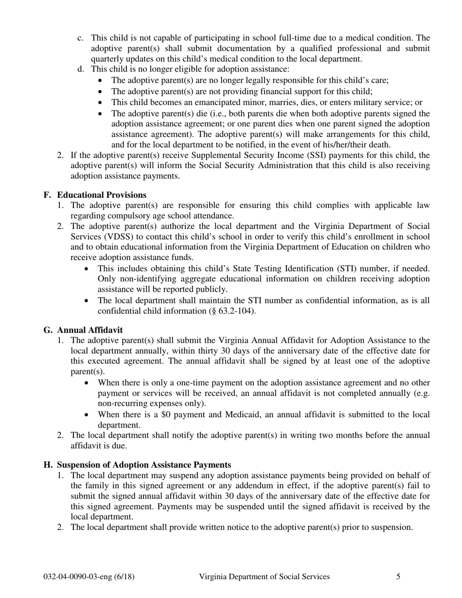 Form 032-04-0090-03-ENG Virginia Adoption Assistance Agreement - Virginia, Page 5