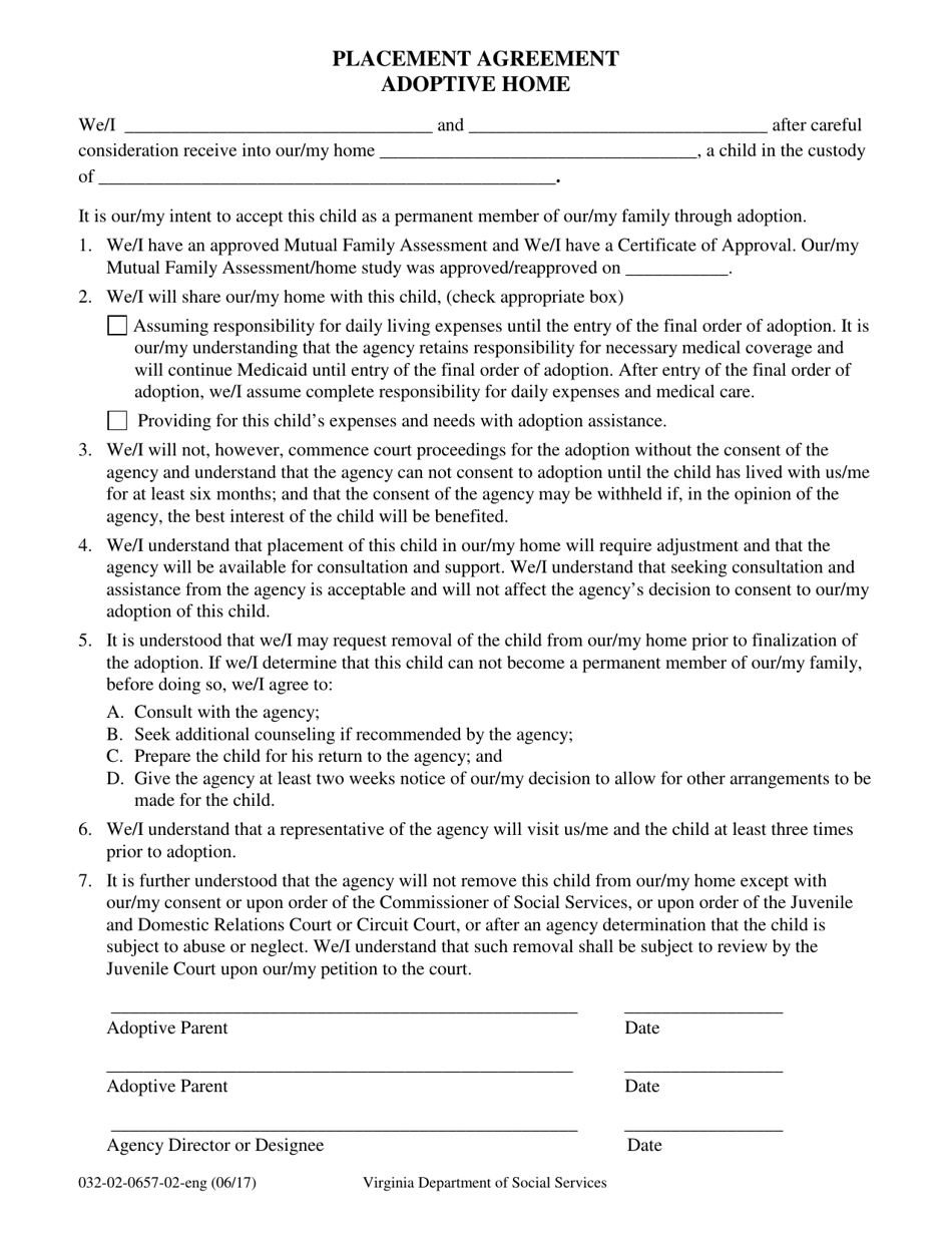 Form 032-02-0657-02-ENG Placement Agreement - Adoptive Home - Virginia, Page 1