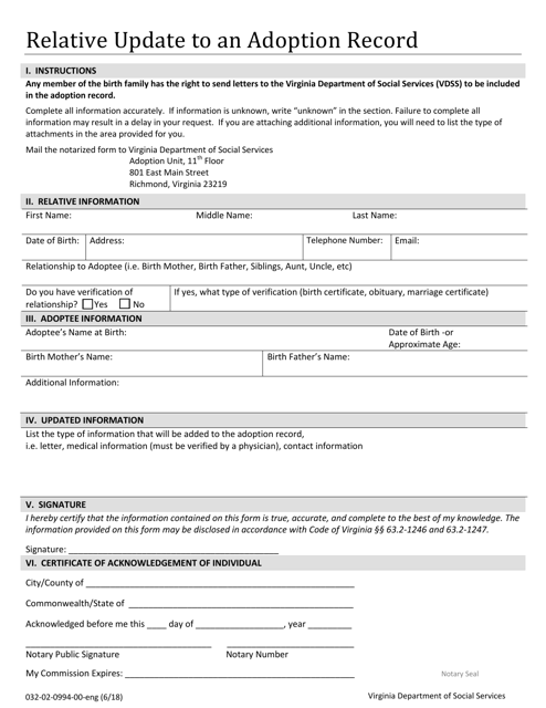 Form 032-02-0994-00-ENG Relative Update to an Adoption Record - Virginia