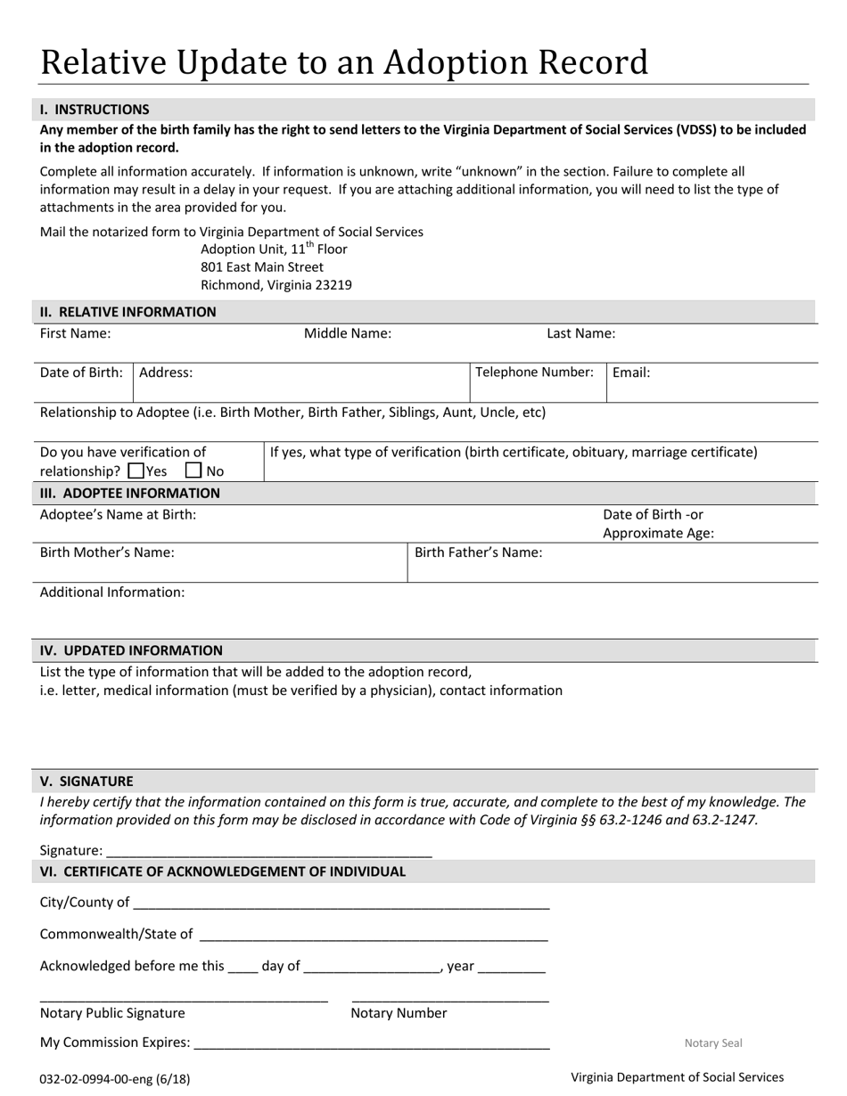 Form 032-02-0994-00-ENG Relative Update to an Adoption Record - Virginia, Page 1