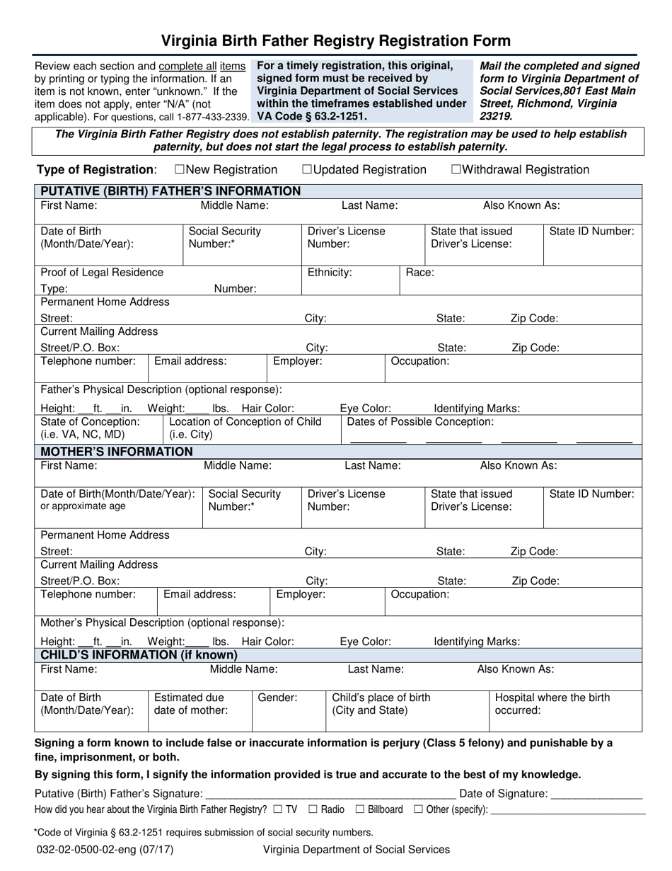 Form 032-02-0500-02-ENG Virginia Birth Father Registry Registration Form - Virginia, Page 1
