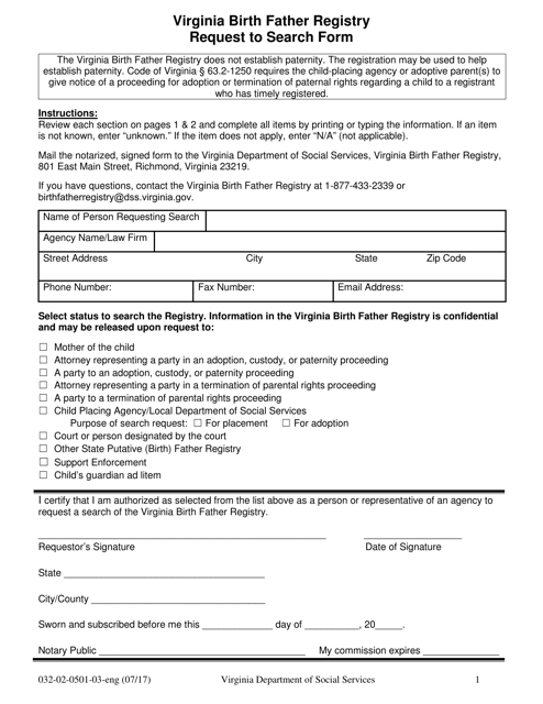 Form 032-02-0501-03-ENG Request to Search Form - Virginia Birth Father Registry - Virginia