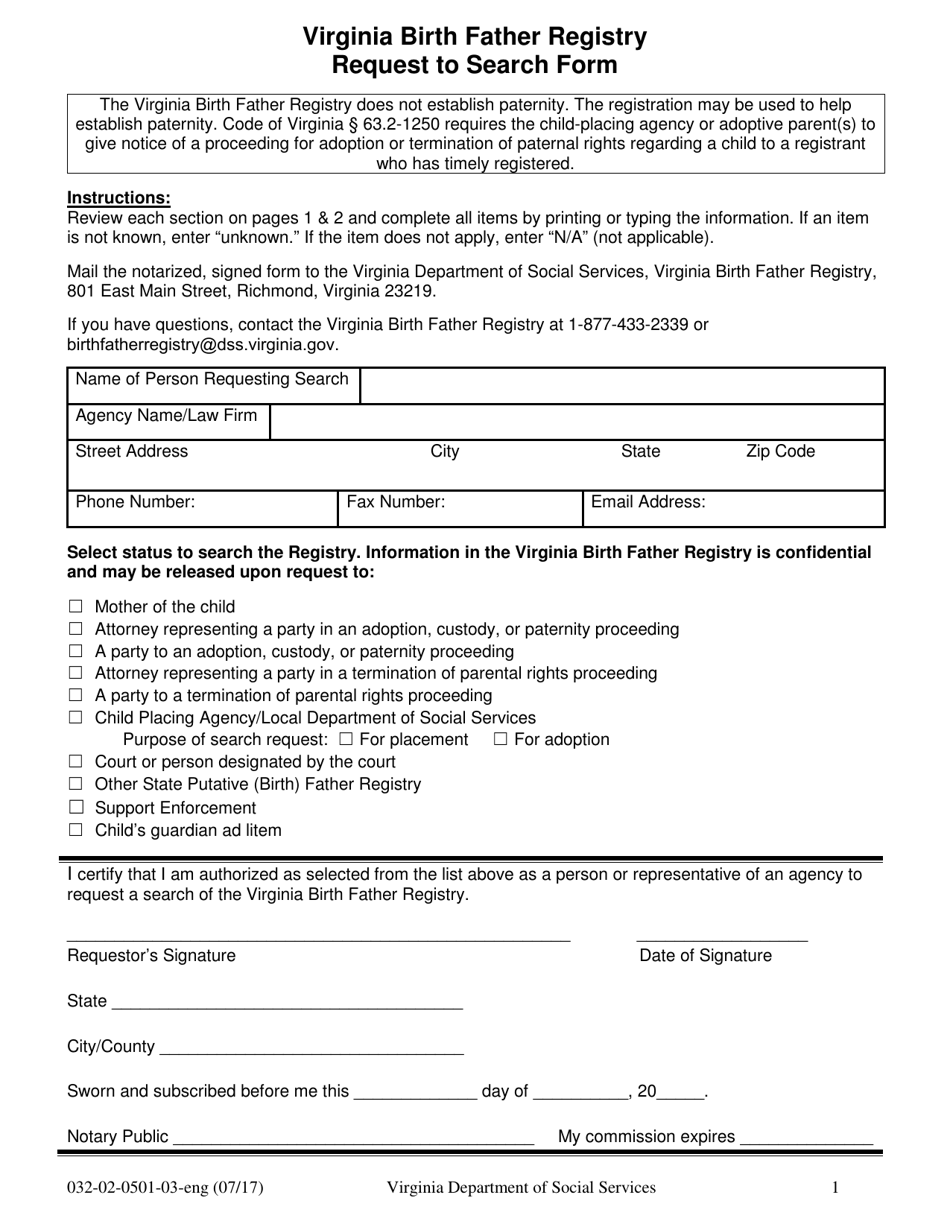 Form 032-02-0501-03-ENG Request to Search Form - Virginia Birth Father Registry - Virginia, Page 1