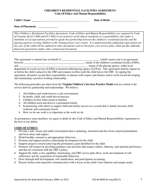 Form 032-04-0030-01-ENG Children's Residential Facilities Agreement: Code of Ethics and Mutual Responsibilities - Virginia