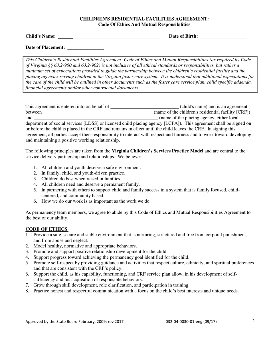 Form 032-04-0030-01-ENG Childrens Residential Facilities Agreement: Code of Ethics and Mutual Responsibilities - Virginia, Page 1