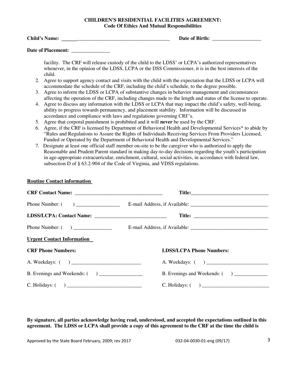 Form 032-04-0030-01-ENG Childrens Residential Facilities Agreement: Code of Ethics and Mutual Responsibilities - Virginia, Page 3