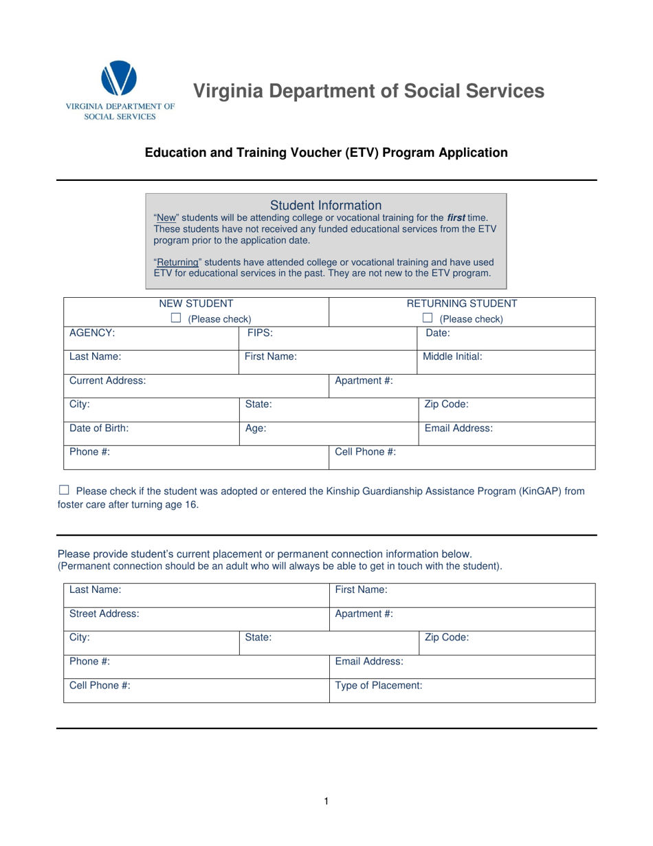 Form 032-01-0304-02-ENG Education and Training Voucher (Etv) Program Application - Virginia, Page 1