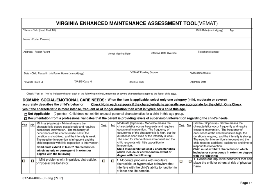 Form 032-04-0049-05-ENG Virginia Enhanced Maintenance Assessment Tool (Vemat) - Virginia