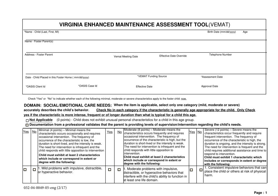 Form 032-04-0049-05-ENG Virginia Enhanced Maintenance Assessment Tool (Vemat) - Virginia, Page 1