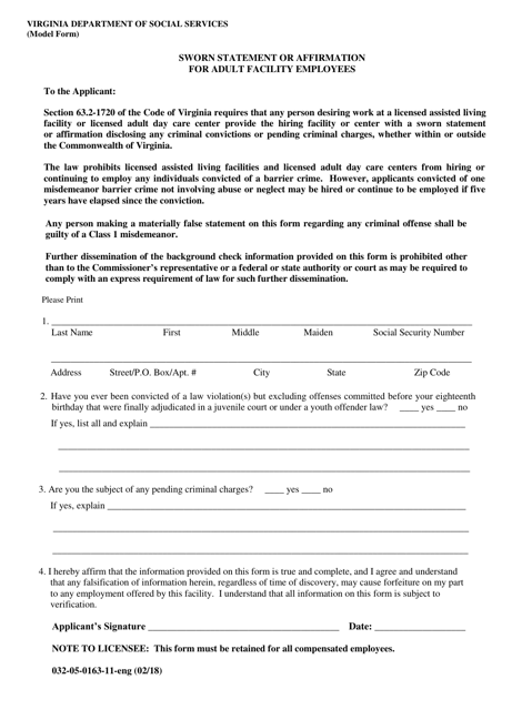 Form 032-05-0163-11-ENG Sworn Statement or Affirmation for Adult Facility Employees - Virginia
