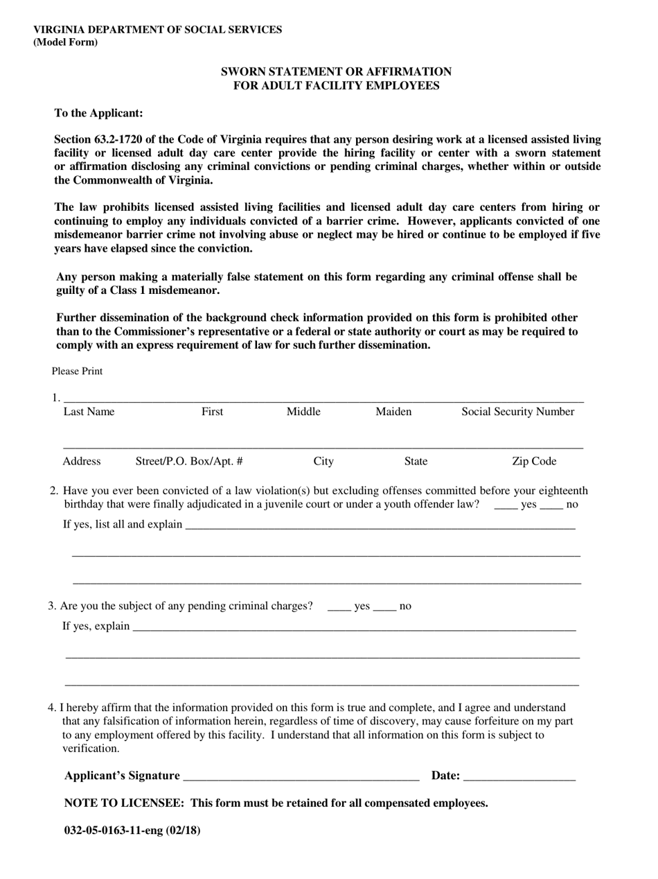 Form 032-05-0163-11-ENG Sworn Statement or Affirmation for Adult Facility Employees - Virginia, Page 1