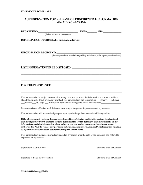 Form 032-05-0019-04-ENG Authorization for Release of Confidential Information - Virginia