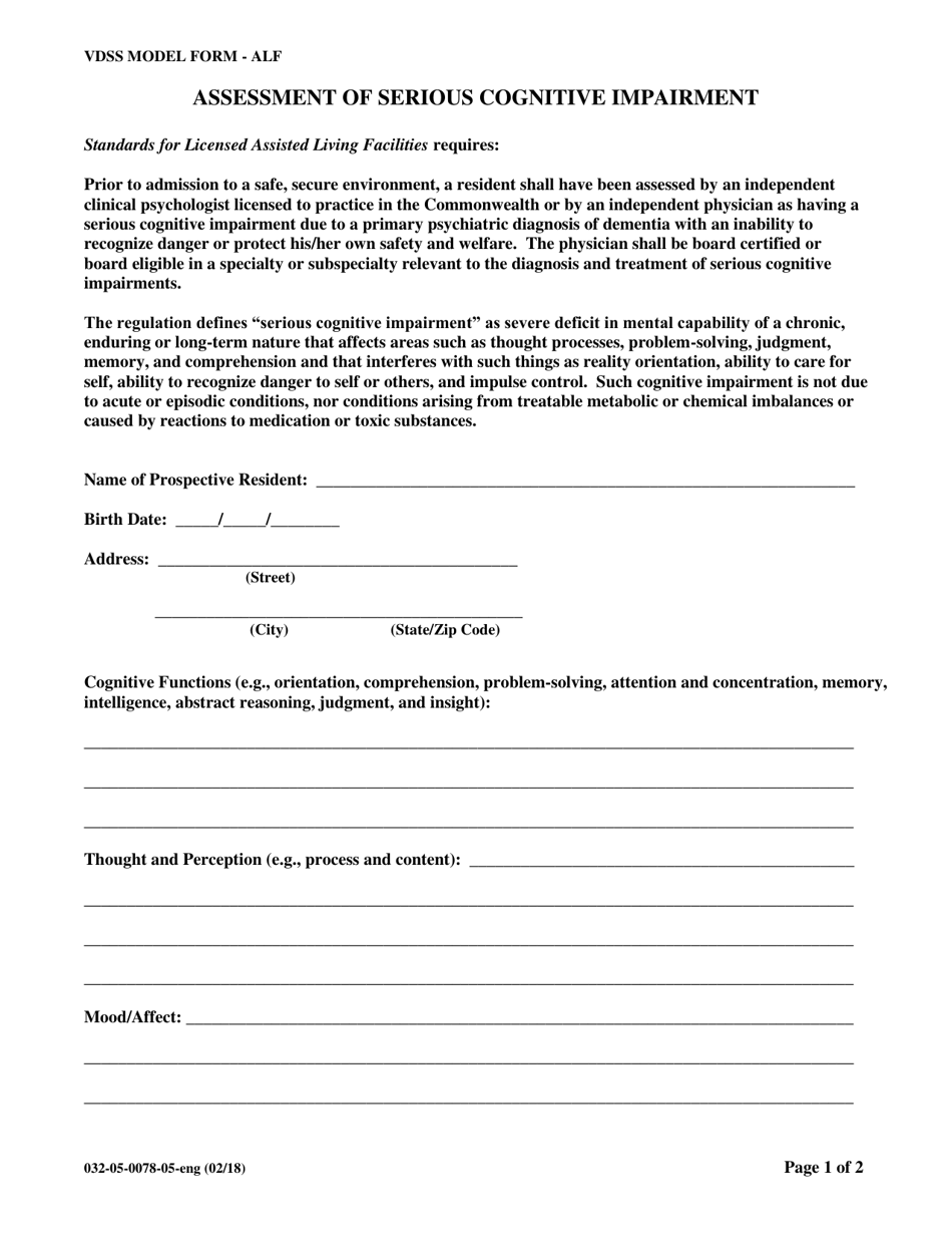 Form 032-05-0078-05-ENG Assessment of Serious Cognitive Impairment - Virginia, Page 1
