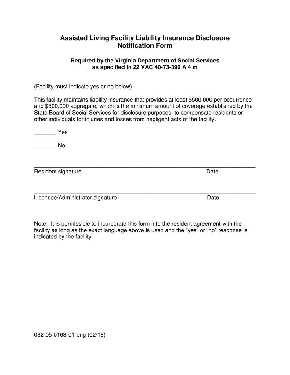 Form 032-05-0168-01-ENG Assisted Living Facility Insurance Disclosure Notification Form - Virginia, Page 1