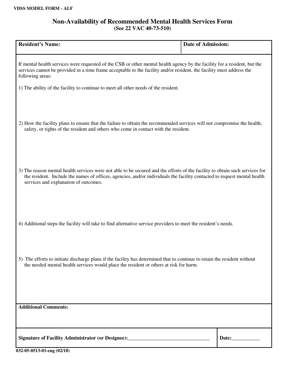 Form 032-05-0513-01-ENG Non-availability of Recommended Mental Health Services Form - Virginia, Page 1