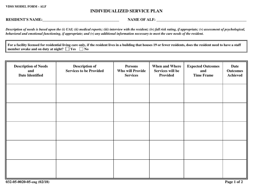 Form 032-05-0020-05-ENG Individualized Service Plan - Virginia