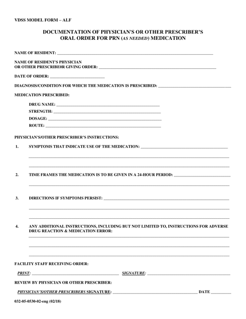 Form 032-05-0530-02-ENG Documentation of Physician's or Other Prescriber's Oral Order for Prn (As Needed) Medication - Virginia