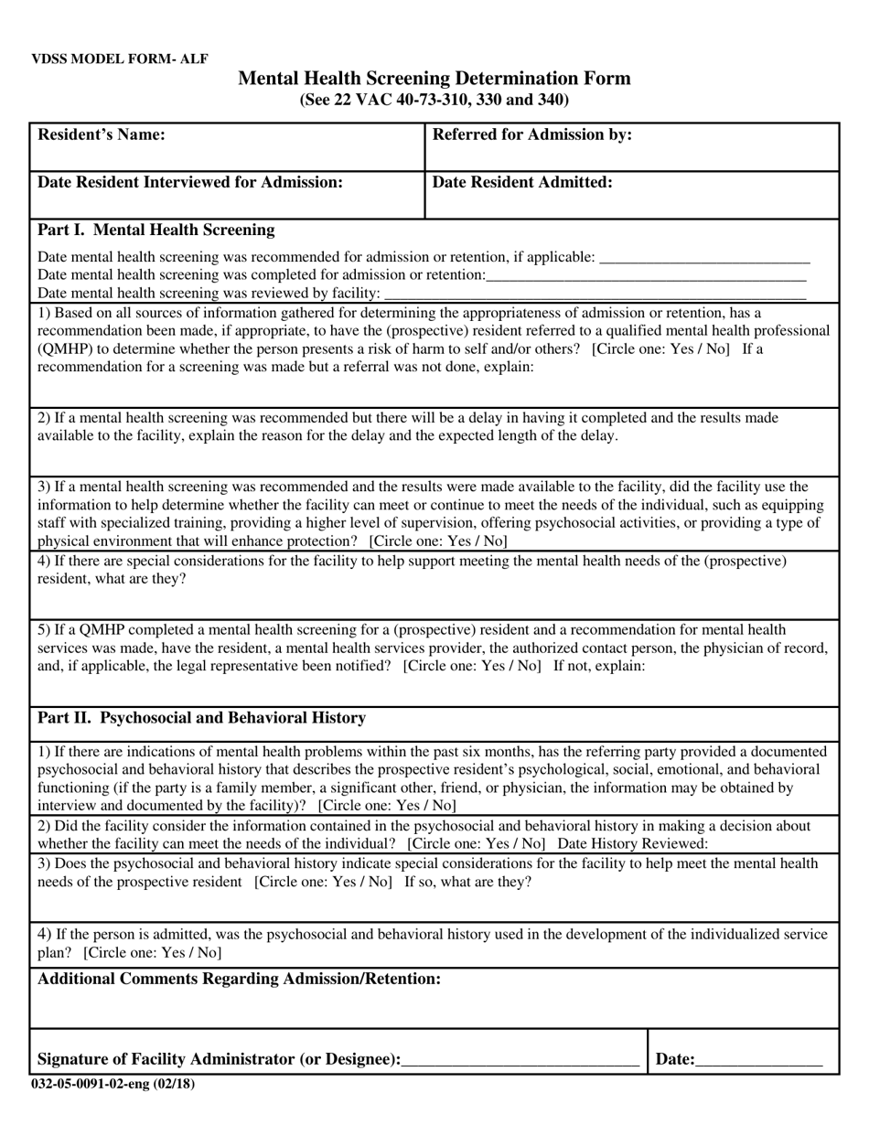 Form 032-05-0091-02-ENG Mental Health Screening Determination Form - Virginia, Page 1