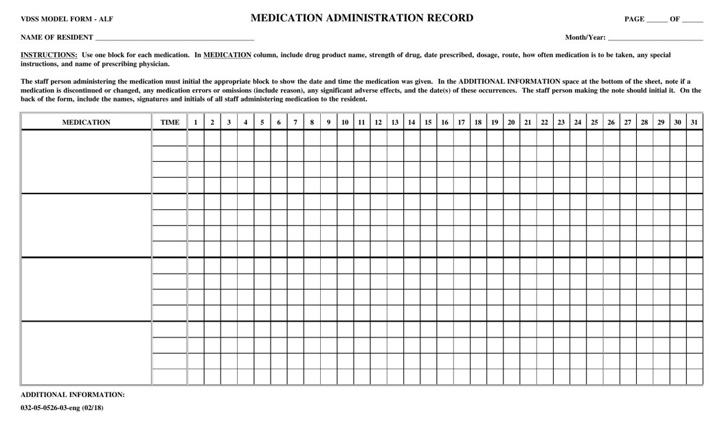 Form 032-05-0526-03-ENG Medication Administration Record - Virginia