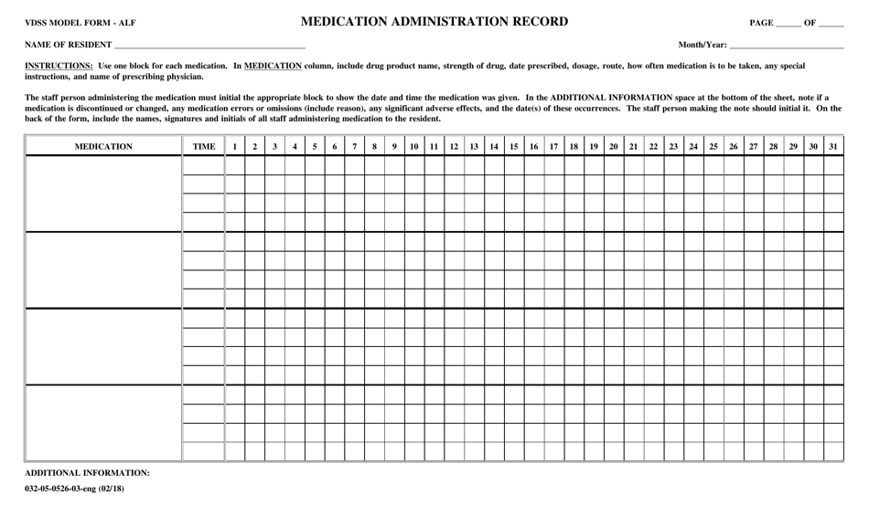 Form 032-05-0526-03-ENG Medication Administration Record - Virginia, Page 1