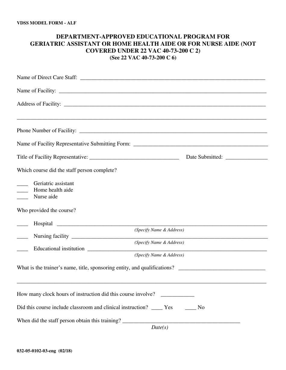 Form ALF (032-05-0102-03) Department-Approved Educational Program for Geriatric Assistant or Home Health Aide or for Nurse Aide (Not Covered Under 22 Vac 40-73-200 C 2) - Virginia, Page 1