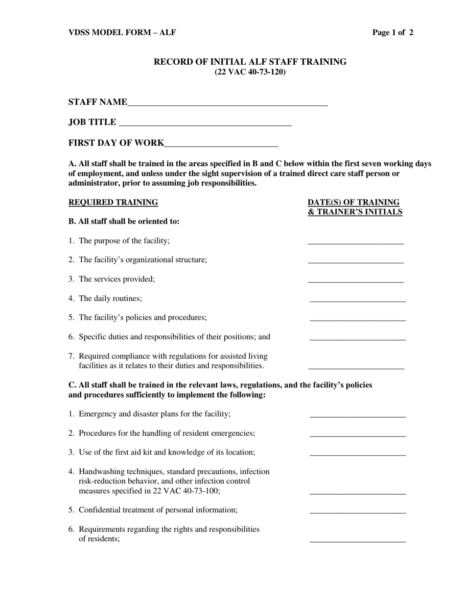 Form 032-05-0058-03-ENG Record of Initial Alf Staff Training - Virginia, Page 1