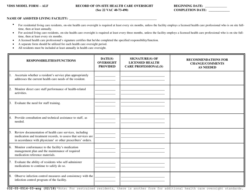 Form 032-05-0514-03-ENG Record of on-Site Health Care Oversight - Virginia