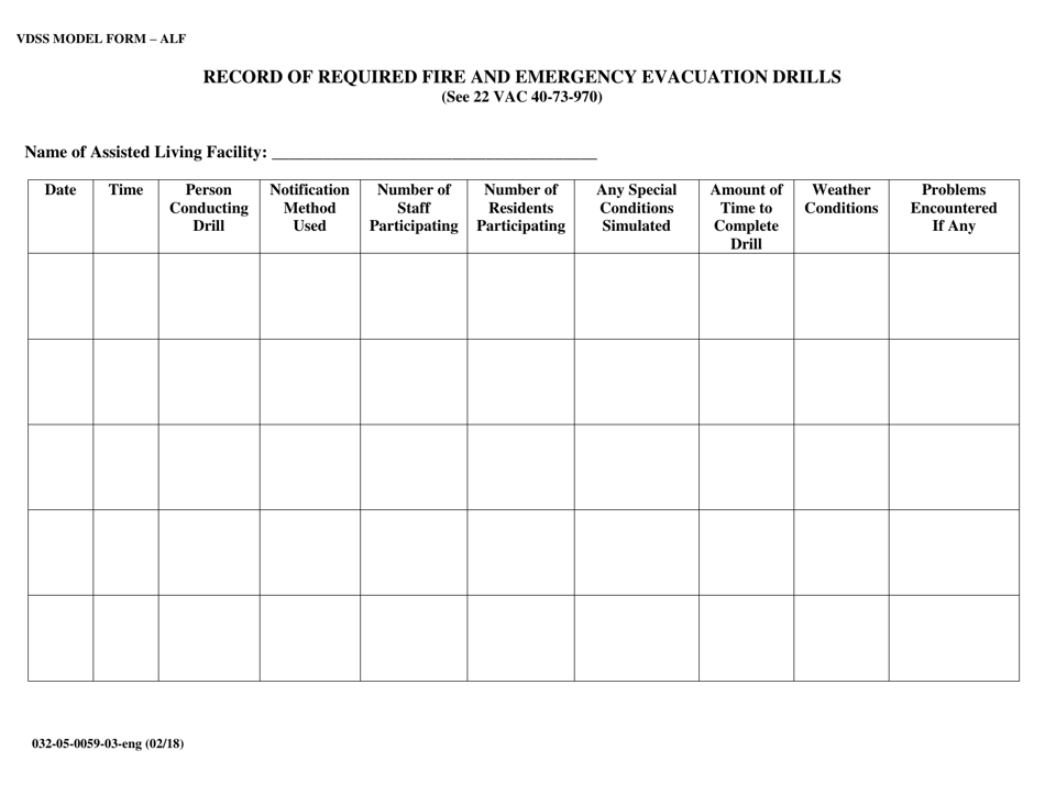 Form 032-05-0059-03-ENG Record of Required Fire and Emergency Evacuation Drills - Virginia, Page 1