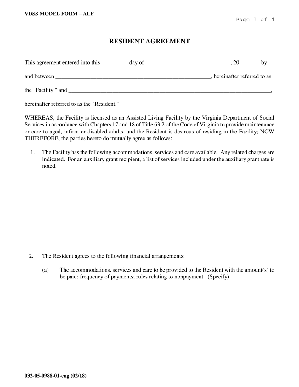 Form 032-05-0988-01-ENG Resident Agreement - Virginia, Page 1