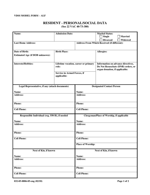 Form 032-05-0006-05-ENG Resident - Personal/Social Data - Virginia