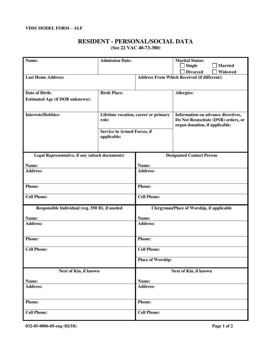 Form 032-05-0006-05-ENG Resident - Personal / Social Data - Virginia, Page 1