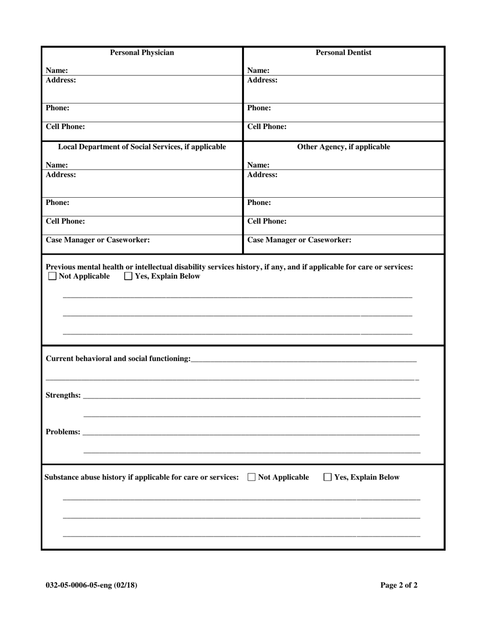 Form 032-05-0006-05-ENG Resident - Personal / Social Data - Virginia, Page 2