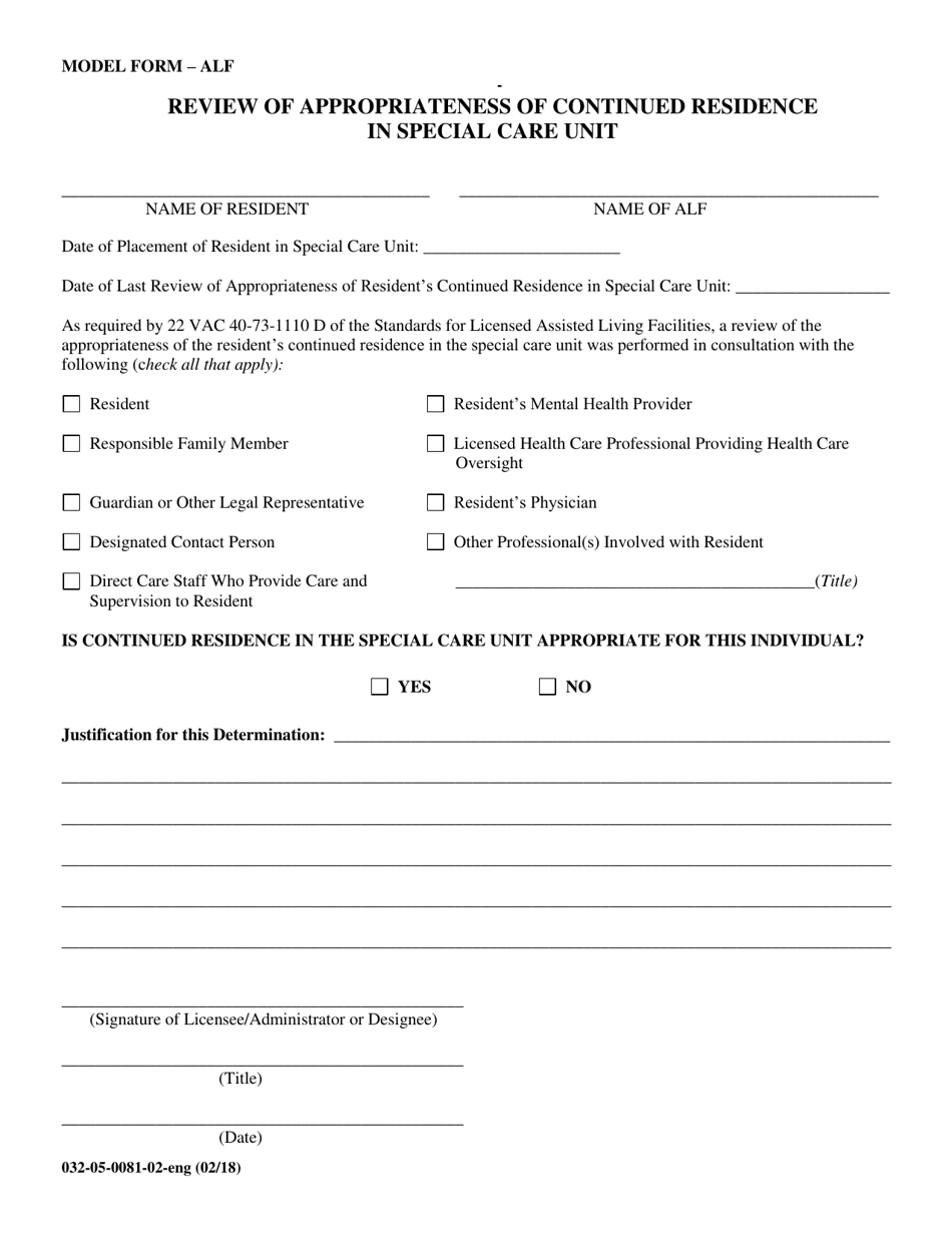 Form 032-05-0081-02-ENG Review of Appropriateness of Continued Residence in Special Care Unit - Virginia, Page 1