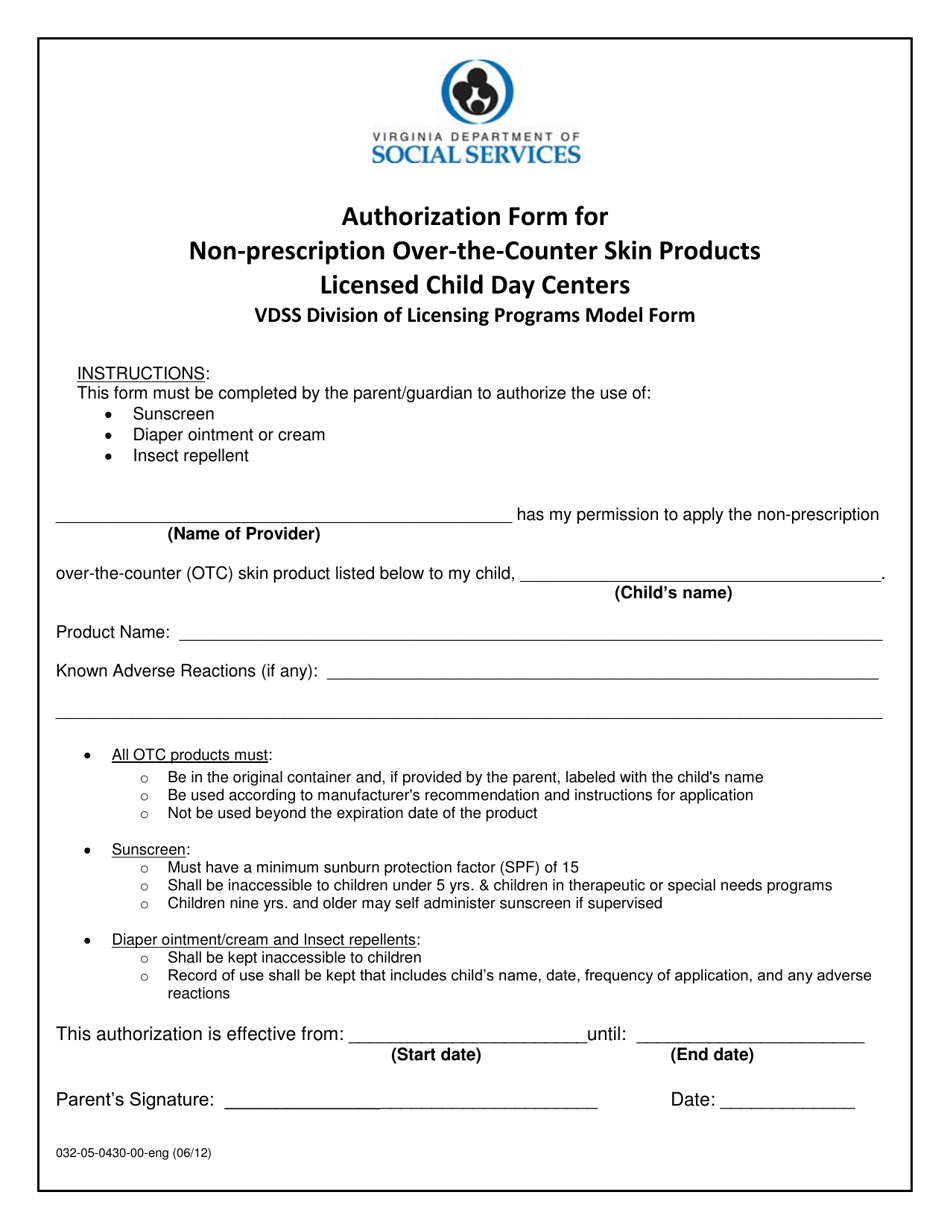 Form 032-05-0430-00-ENG Authorization Form for Non-prescription Over-the-Counter Skin Products Licensed Child Day Centers - Virginia, Page 1