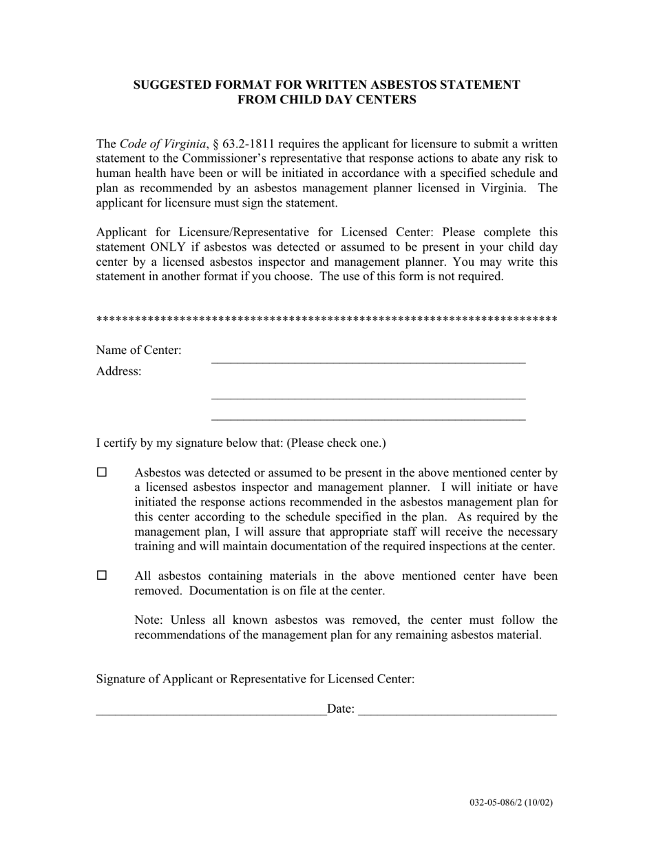 Form 032-05-086 / 2 Suggested Format for Written Asbestos Statement From Child Day Centers - Virginia, Page 1