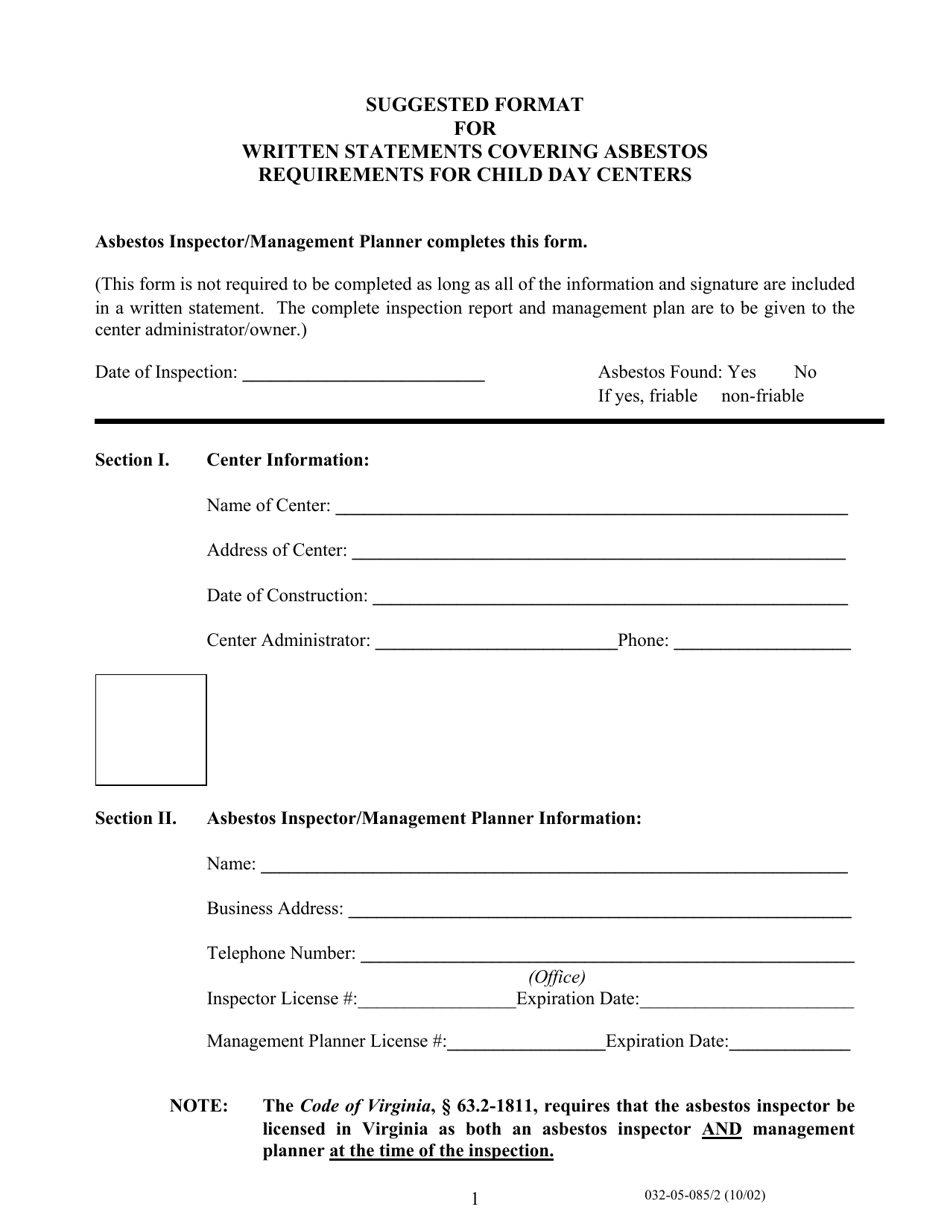 Form 032-05-085 / 2 Suggested Format for Written Statements Covering Asbestos Requirements for Child Day Centers - Virginia, Page 1