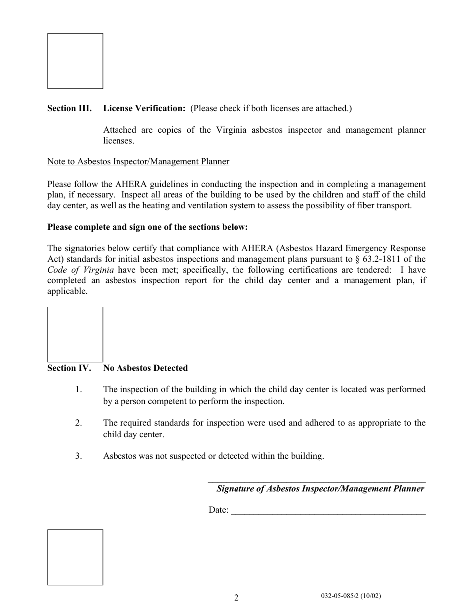 Form 032-05-085 / 2 Suggested Format for Written Statements Covering Asbestos Requirements for Child Day Centers - Virginia, Page 2