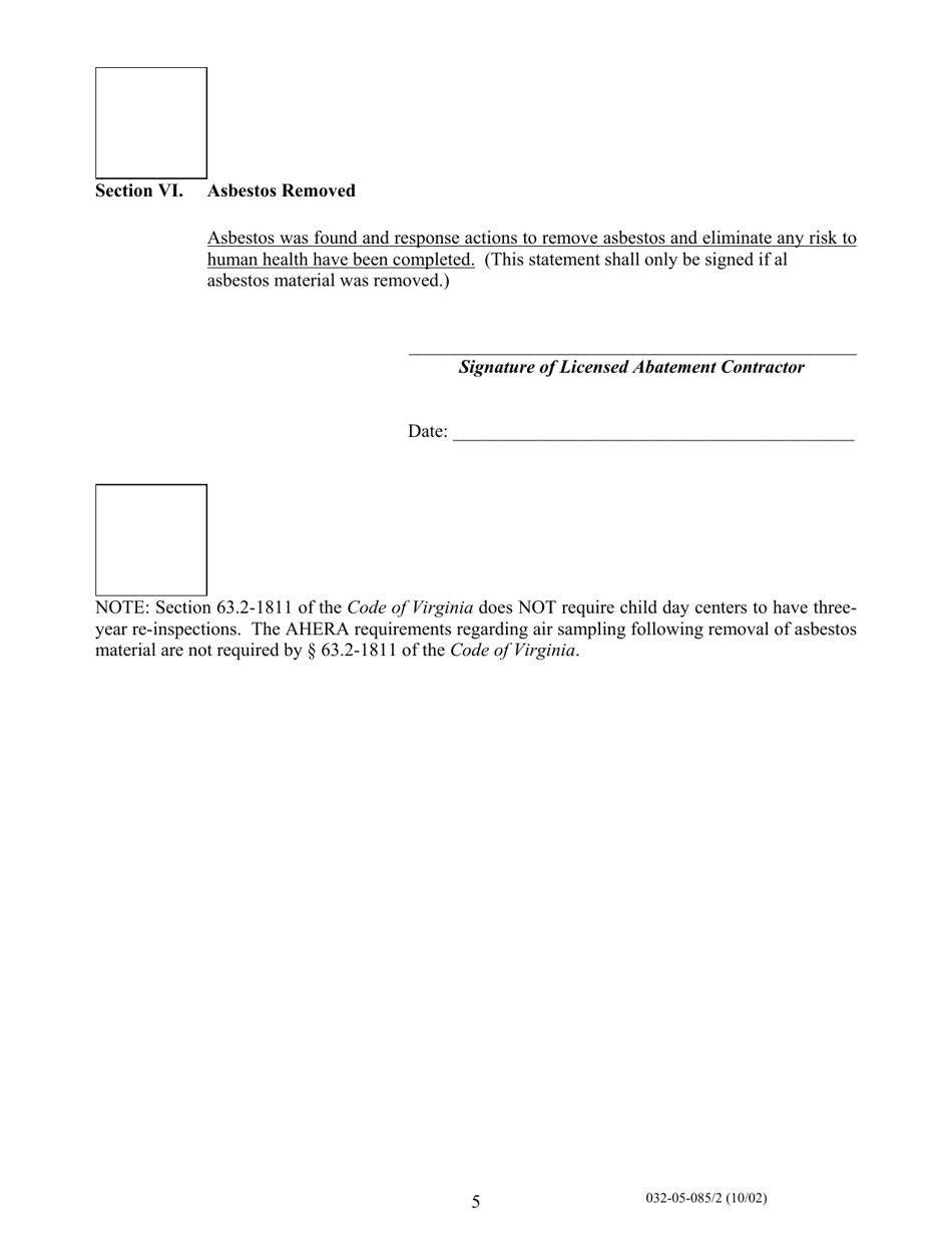 Form 032-05-085 / 2 Suggested Format for Written Statements Covering Asbestos Requirements for Child Day Centers - Virginia, Page 5