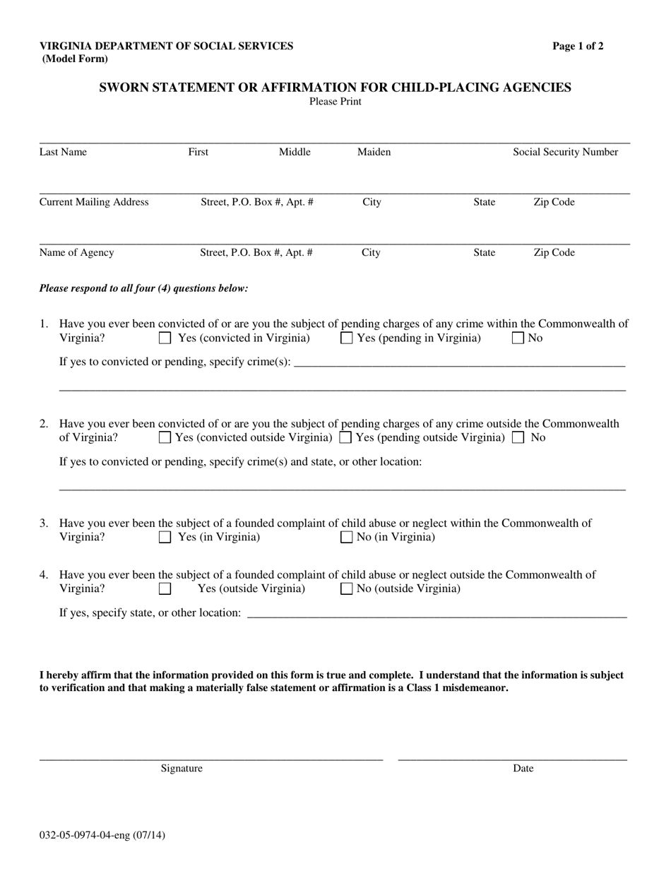 Form 032-05-0974-04-ENG Sworn Statement or Affirmation for Child-Placing Agencies - Virginia, Page 1