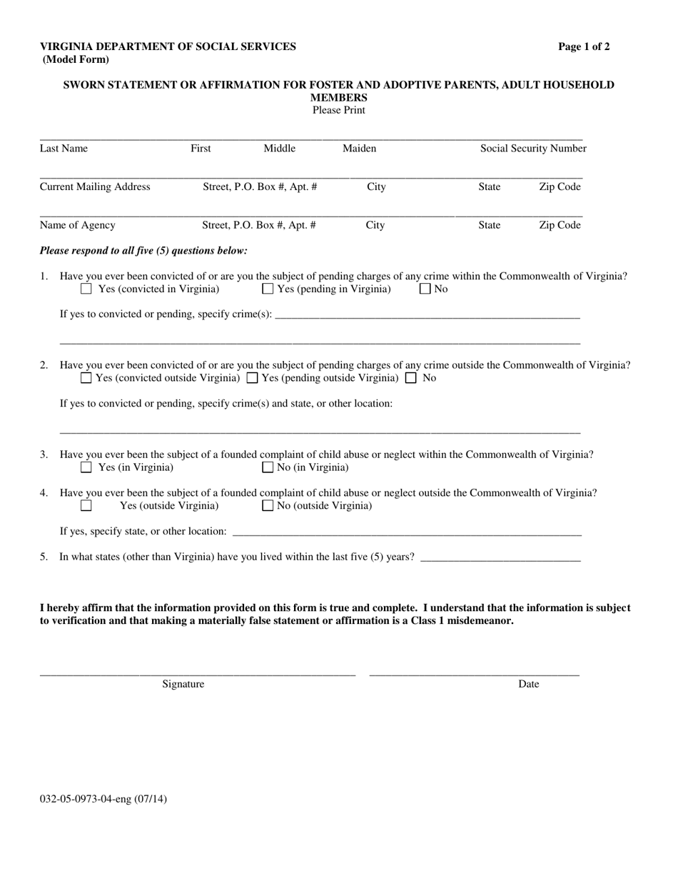 Form 032-05-0973-04-ENG Sworn Statement or Affirmation for Foster and Adoptive Parents, Adult Household Members - Virginia, Page 1