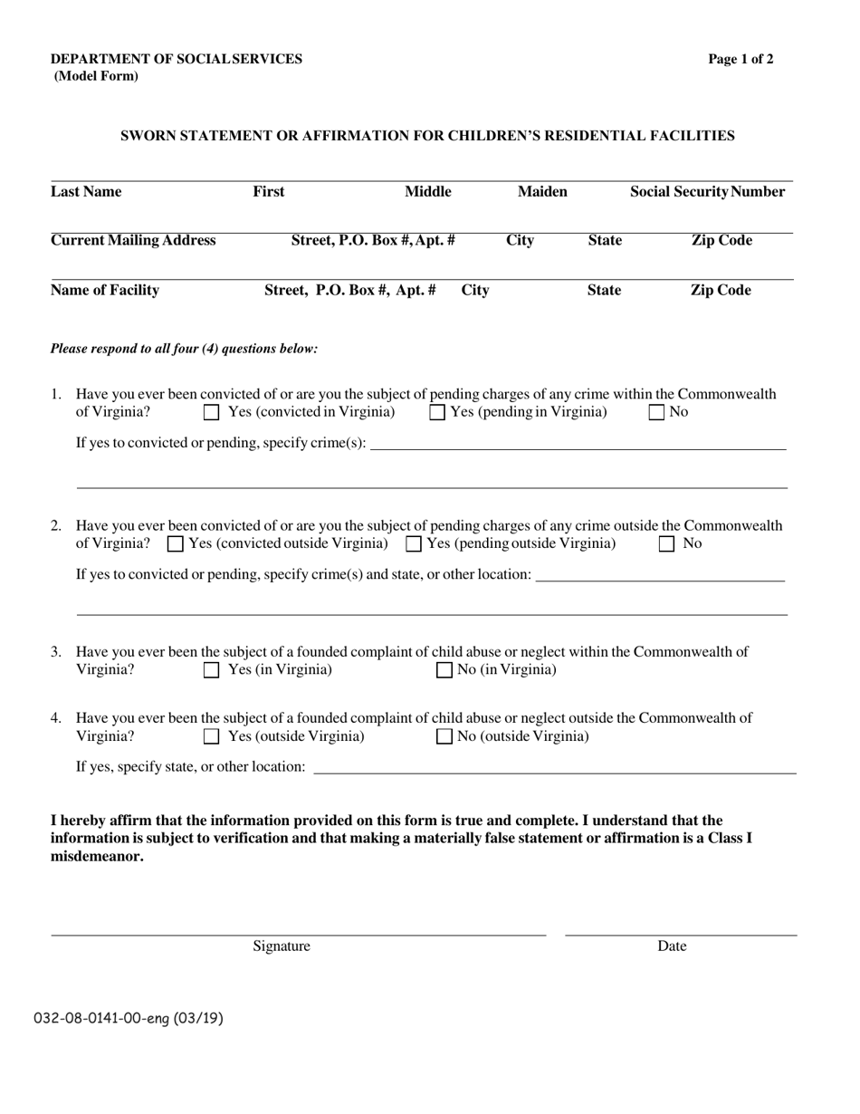 Form 032-08-0141-00-ENG Sworn Statement or Affirmation for Childrens Residential Facilities - Virginia, Page 1