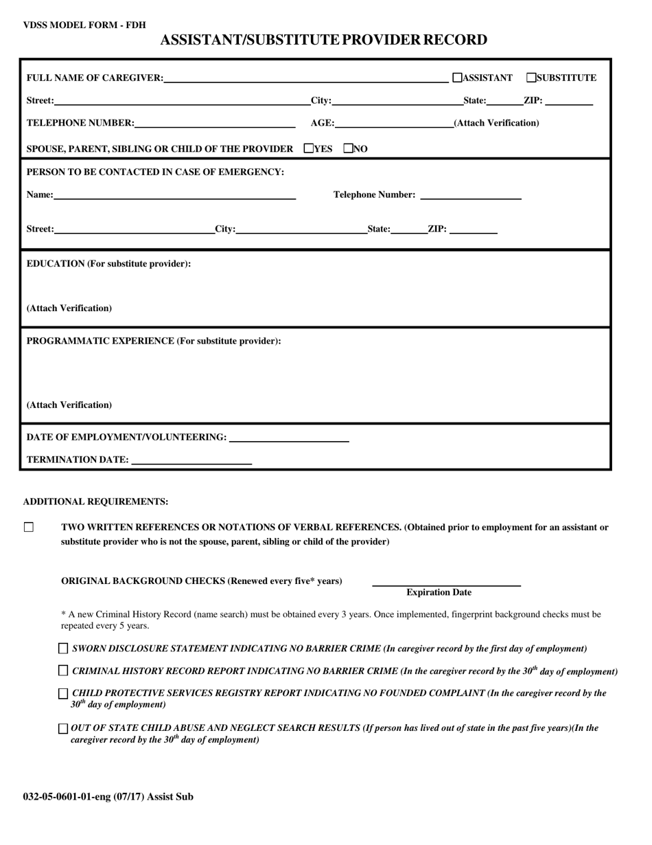 Form 032-05-0601-01-ENG Assistant / Substitute Provider Record - Virginia, Page 1