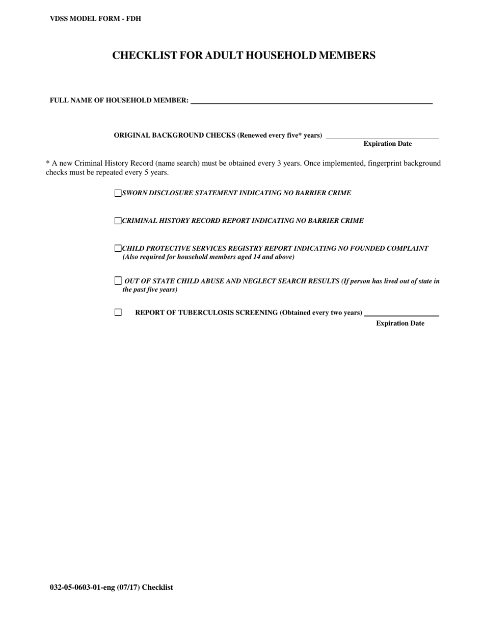 Form 032-05-0603-01-ENG Checklist for Adult Household Members - Virginia, Page 1