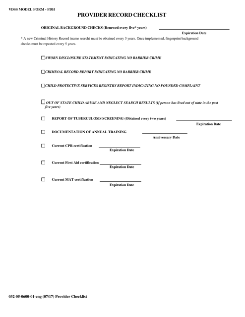 Form 032-05-0600-01-ENG Provider Record Checklist - Virginia
