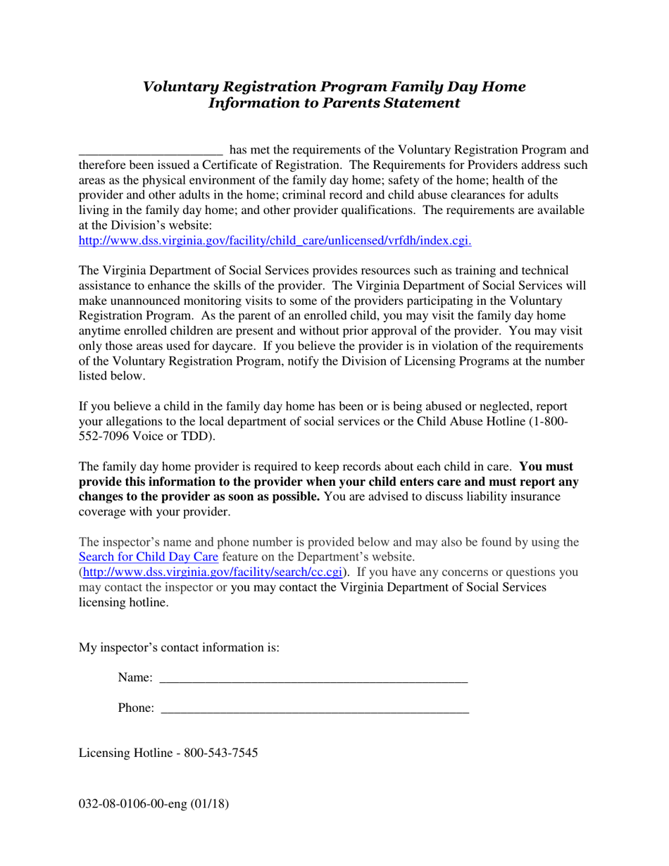 Form 032-08-0106-00-ENG Voluntary Registration Program Family Day Home Information to Parents Statement - Virginia, Page 1