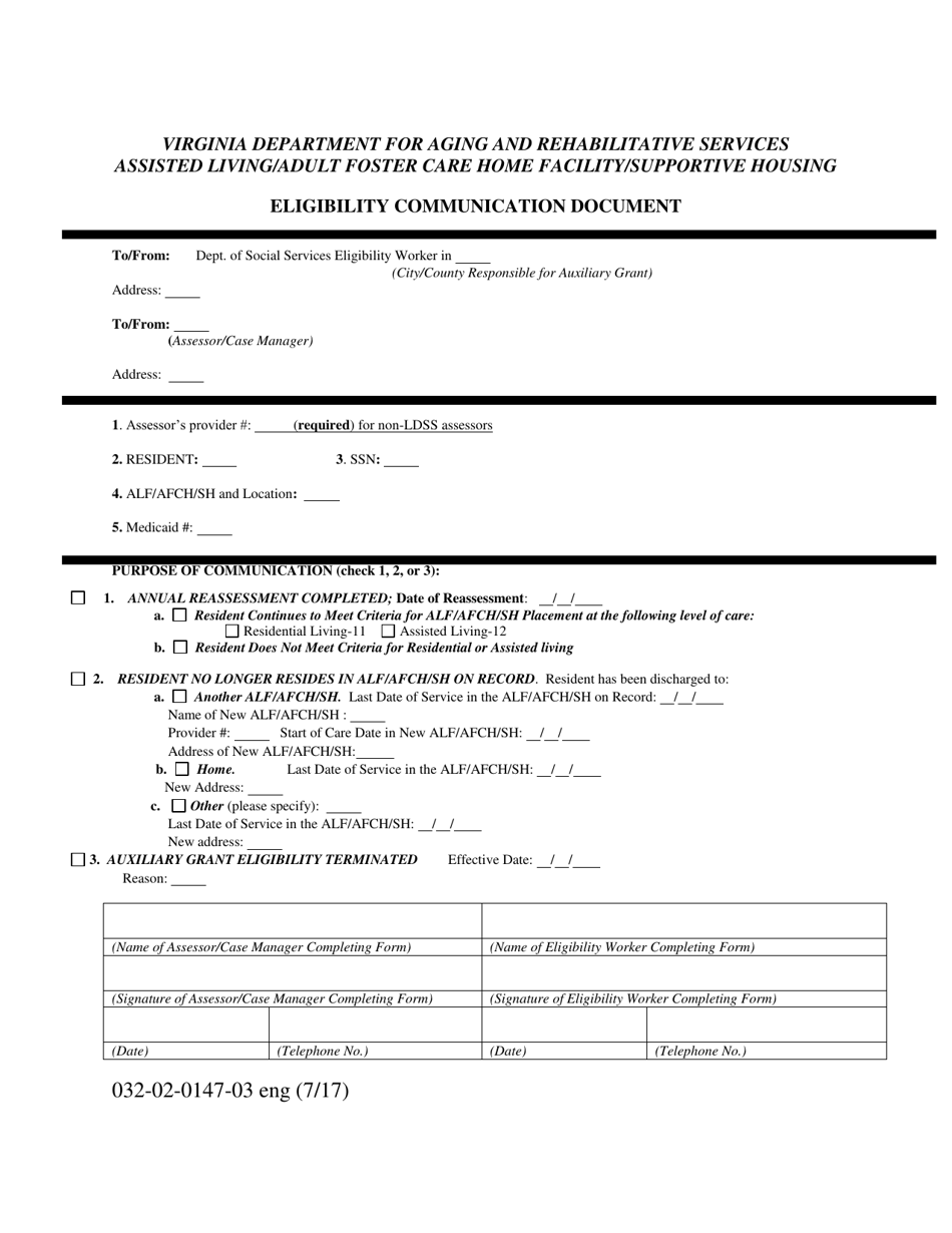 Form 032-02-0147-03 ENG Eligibility Communication Document - Virginia, Page 1