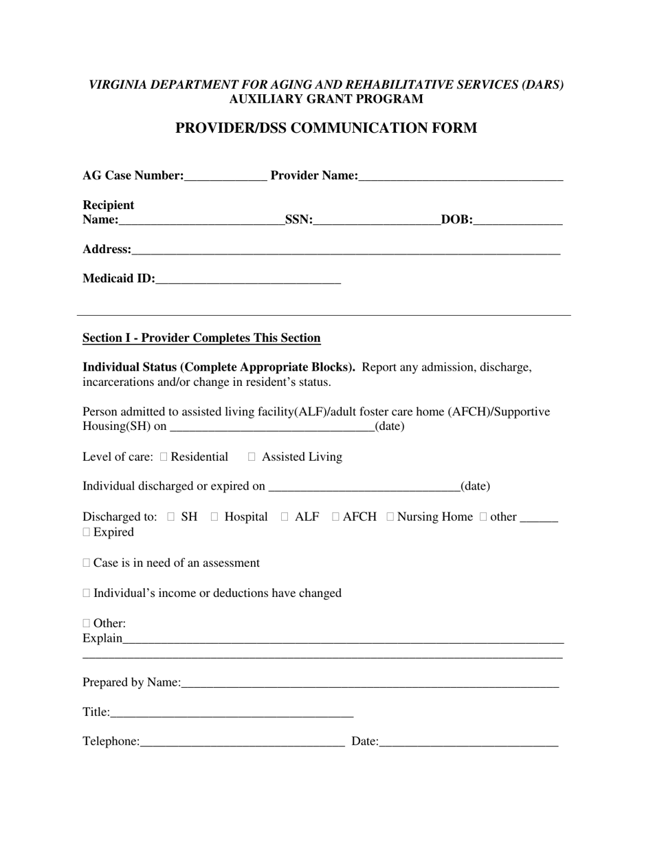 Form 032-15-0003-03-ENG Provider / Dss Communication Form - Virginia, Page 1