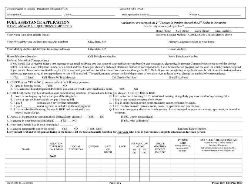 Form 032-03-0650-10-ENG Fuel Assistance Application - Virginia