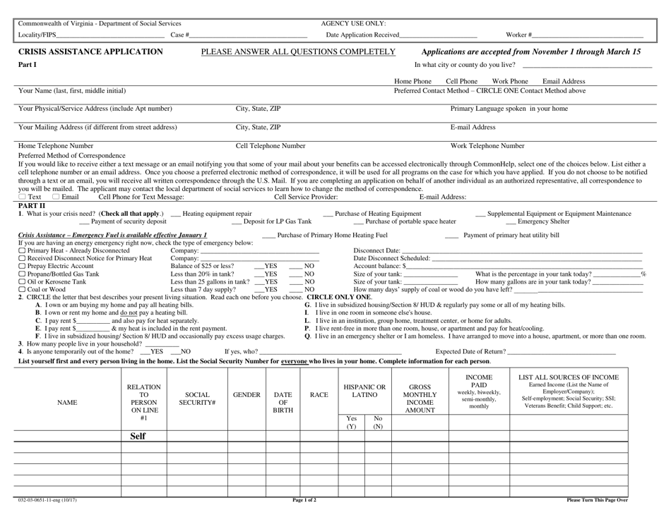 Form 032-03-0651-11-ENG Crisis Assistance Application - Virginia, Page 1